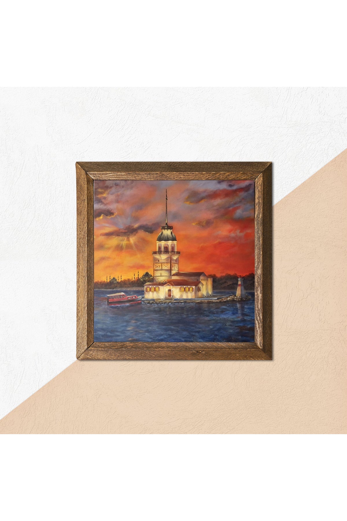 İstanbul Kız Kulesi Taş Duvar Tablosu - Ahşap Çerçeveli Taş Tablo - 25x25 cm - Dekoratif Duvar Sanatı - Modern Ev ve Ofis Duvar Dekoru -W1-88
