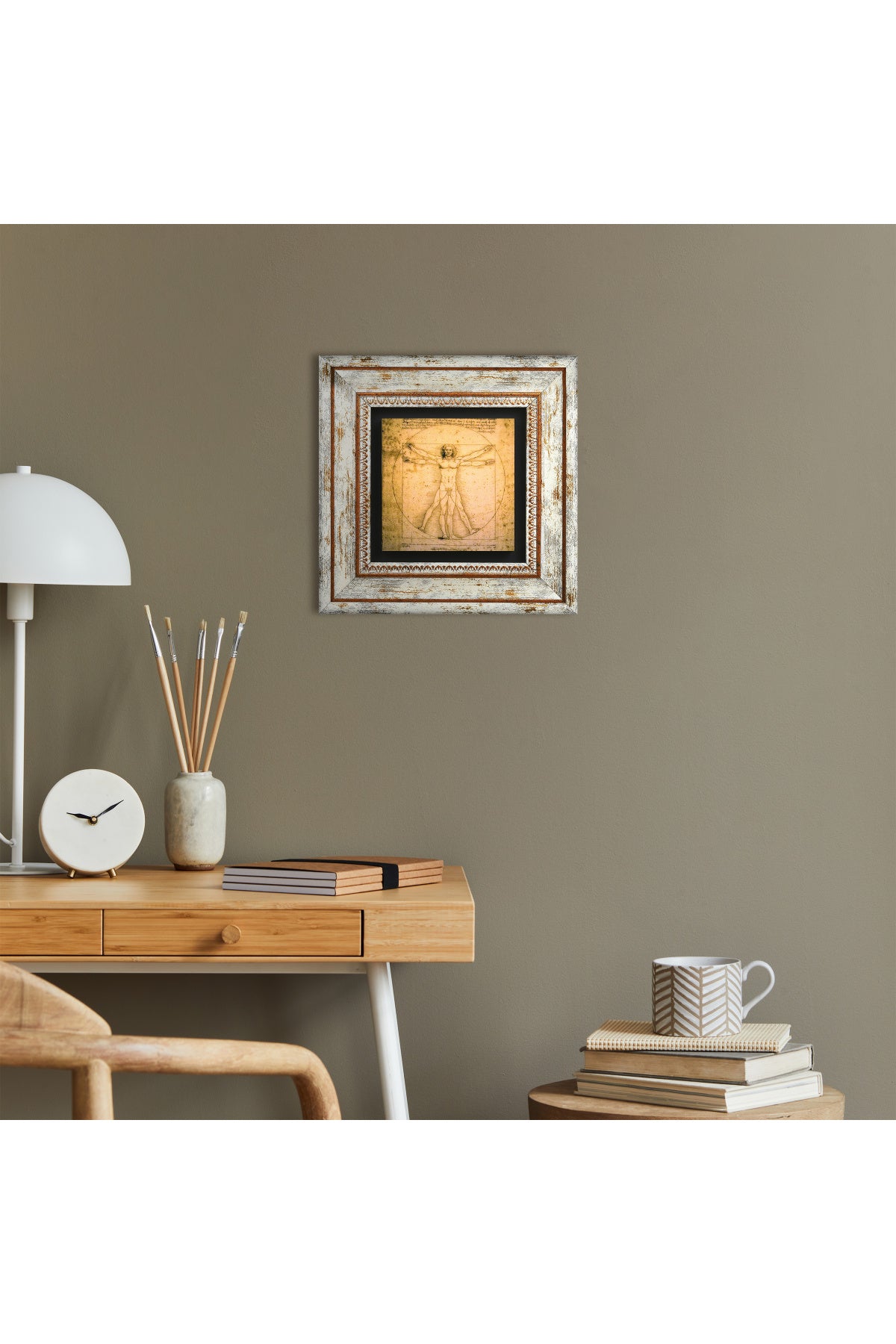 Leonardo da Vinci Vitruvius Adamı Taş Duvar Tablosu - Çerçeveli Taş Tablo - Dekoratif Duvar Sanatı - Modern Ev ve Ofis Duvar Dekoru TK1-17