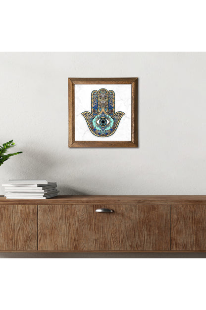 Fatma Ana Eli (Hamsa) Taş Duvar Tablosu - Ahşap Çerçeveli Taş Tablo - 25x25 cm - Dekoratif Duvar Sanatı - Modern Ev ve Ofis Duvar Dekoru -W1-01