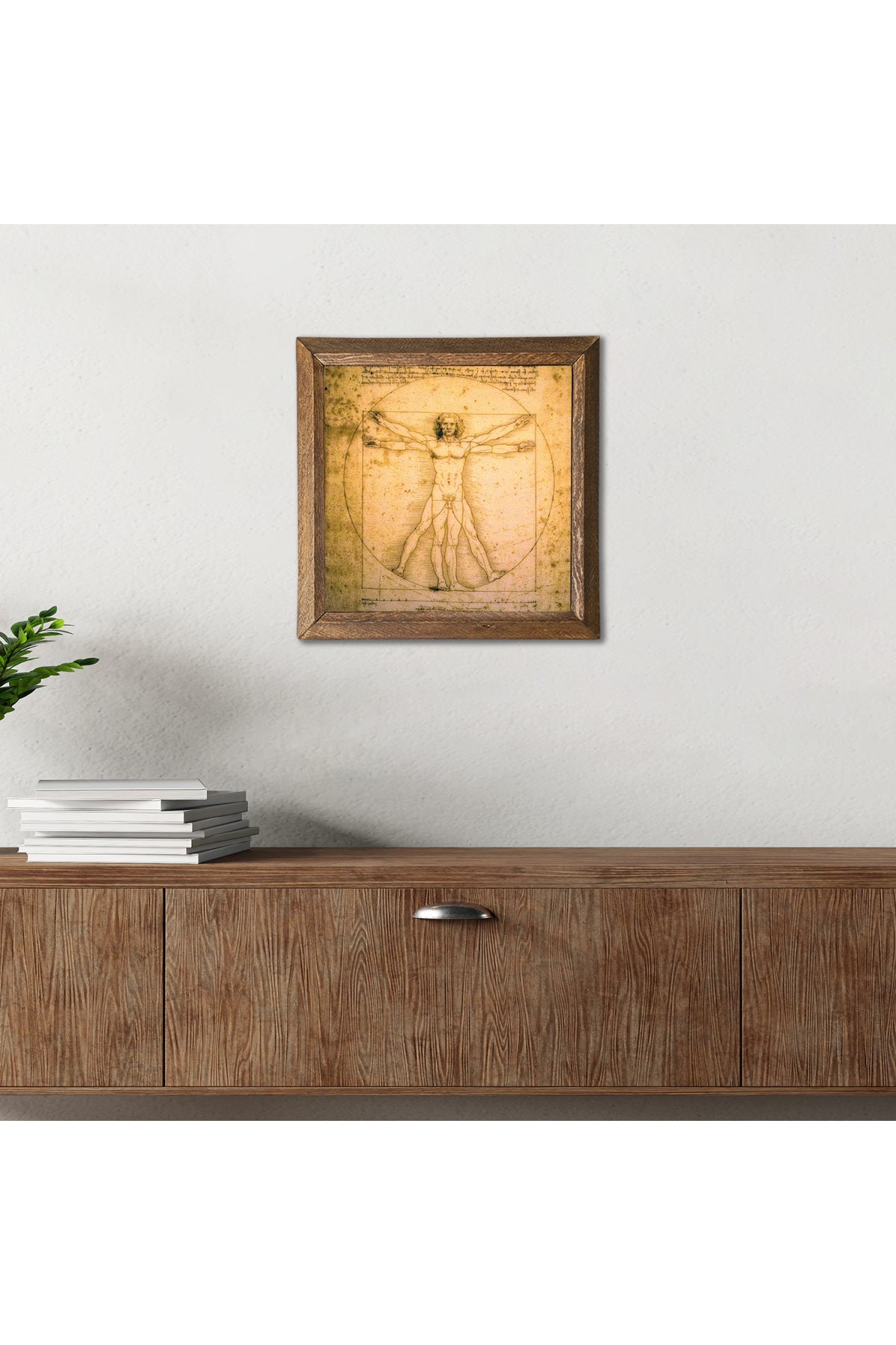 Leonardo da Vinci Vitruvius Adamı Taş Duvar Tablosu - Ahşap Çerçeveli Taş Tablo - 25x25 cm - Dekoratif Duvar Sanatı - Modern Ev ve Ofis Duvar Dekoru -W1-17