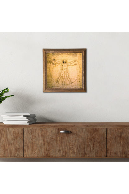 Leonardo da Vinci Vitruvius Adamı Taş Duvar Tablosu - Ahşap Çerçeveli Taş Tablo - 25x25 cm - Dekoratif Duvar Sanatı - Modern Ev ve Ofis Duvar Dekoru -W1-17