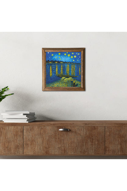 Vincent van Gogh Ren Nehri’nde Yıldızlı Bir Gece Taş Duvar Tablosu - Ahşap Çerçeveli Taş Tablo - 25x25 cm - Dekoratif Duvar Sanatı - Modern Ev ve Ofis Duvar Dekoru -W1-293