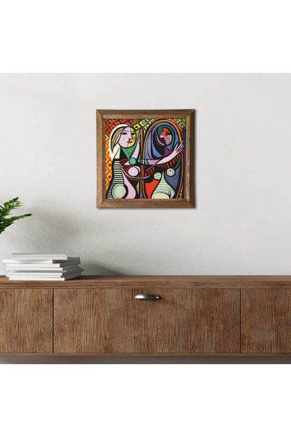 Pablo Picasso Ayna Karşısındaki Kız Taş Duvar Tablosu - Ahşap Çerçeveli Taş Tablo - 25x25 cm - Dekoratif Duvar Sanatı - Modern Ev ve Ofis Duvar Dekoru -W1-301