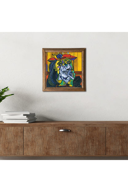 Pablo Picasso Ağlayan Kadın Taş Duvar Tablosu - Ahşap Çerçeveli Taş Tablo - 25x25 cm - Dekoratif Duvar Sanatı - Modern Ev ve Ofis Duvar Dekoru -W1-304