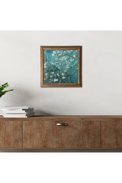 Vincent van Gogh Badem Ağacı Taş Duvar Tablosu - Ahşap Çerçeveli Taş Tablo - 25x25 cm - Dekoratif Duvar Sanatı - Modern Ev ve Ofis Duvar Dekoru -W1-64