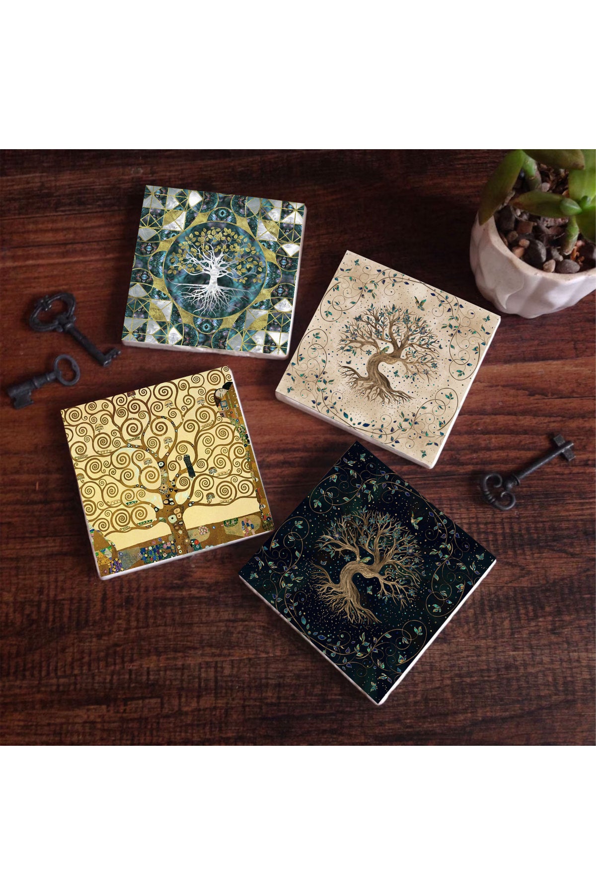 Pinecone Hayat Ağacı Taş Bardak Altlığı Seti - 4 Parça - Dekoratif, Rustik Mutfak Aksesuarı, 10x10 cm, Kaydırmaz Tabanlı, Şık ve Dayanıklı SC103
