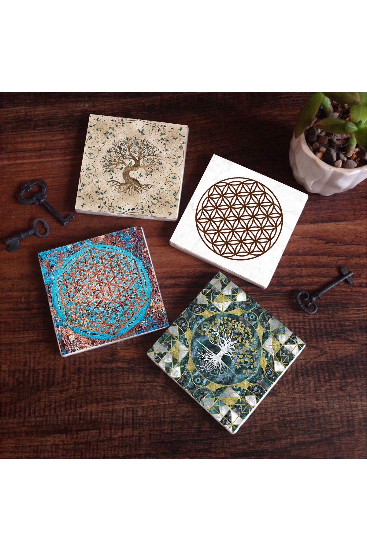 Pinecone Yaşam Çiçeği, Hayat Ağacı Taş Bardak Altlığı Seti - 4 Parça - Dekoratif, Rustik Mutfak Aksesuarı, 10x10 cm, Kaydırmaz Tabanlı, Şık ve Dayanıklı SC106