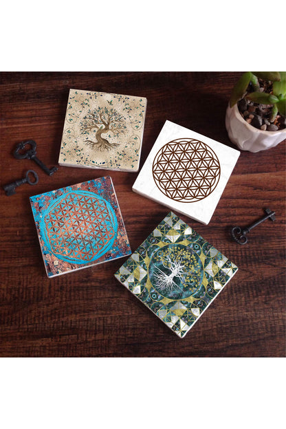 Pinecone Yaşam Çiçeği, Hayat Ağacı Taş Bardak Altlığı Seti - 4 Parça - Dekoratif, Rustik Mutfak Aksesuarı, 10x10 cm, Kaydırmaz Tabanlı, Şık ve Dayanıklı SC106