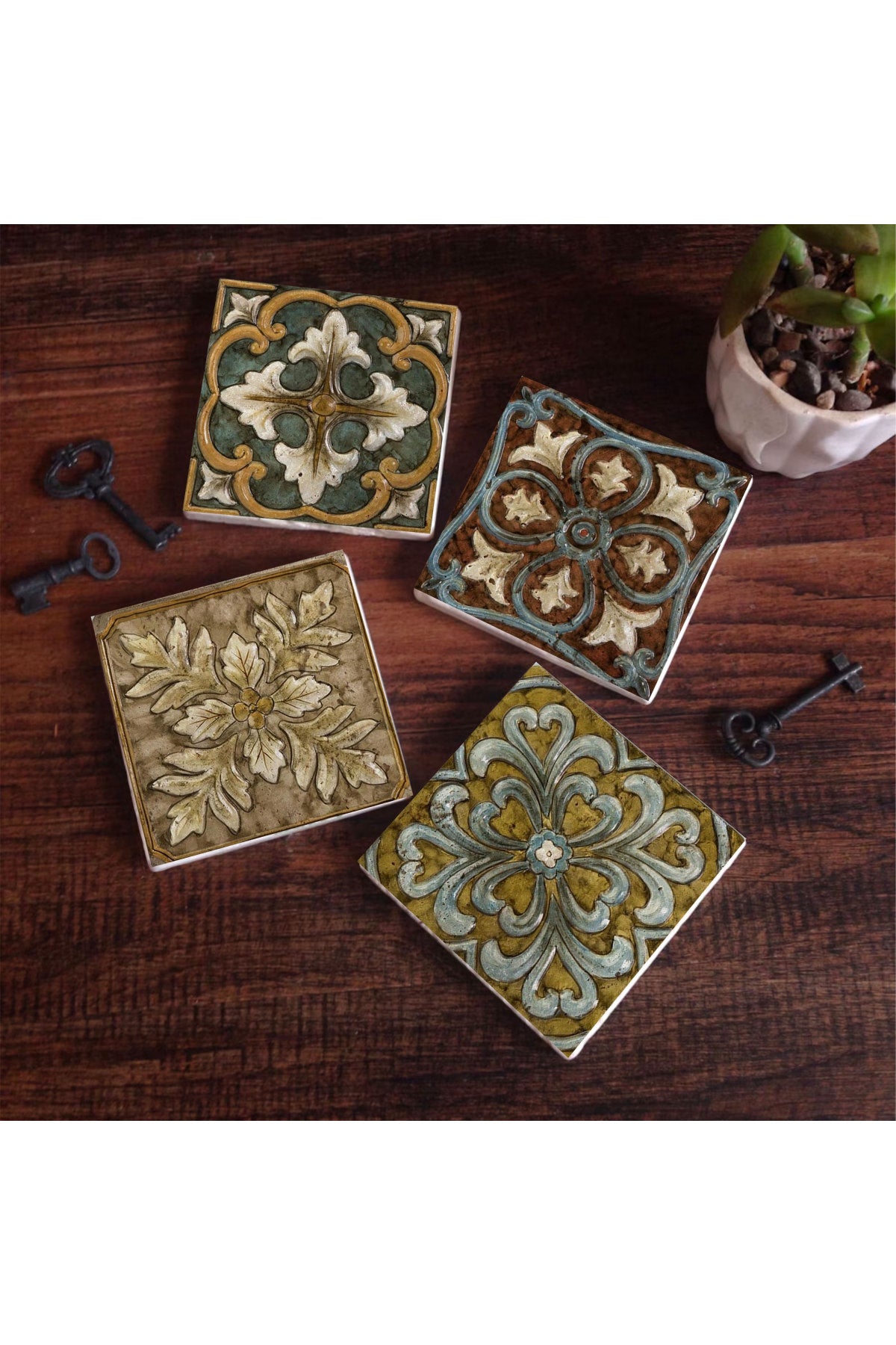 Pinecone Desen Taş Bardak Altlığı Seti - 4 Parça - Dekoratif, Rustik Mutfak Aksesuarı, 10x10 cm, Kaydırmaz Tabanlı, Şık ve Dayanıklı SC118
