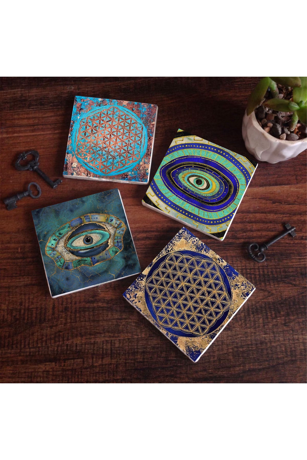 Pinecone Nazar, Yaşam Çiçeği Taş Bardak Altlığı Seti - 4 Parça - Dekoratif, Rustik Mutfak Aksesuarı, 10x10 cm, Kaydırmaz Tabanlı, Şık ve Dayanıklı SC123