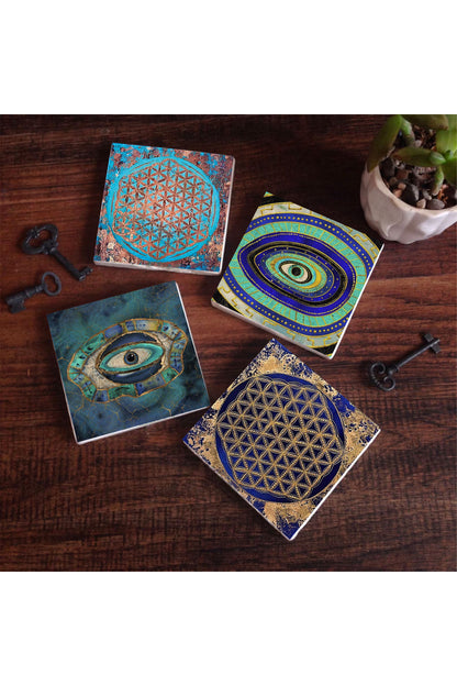 Pinecone Nazar, Yaşam Çiçeği Taş Bardak Altlığı Seti - 4 Parça - Dekoratif, Rustik Mutfak Aksesuarı, 10x10 cm, Kaydırmaz Tabanlı, Şık ve Dayanıklı SC123