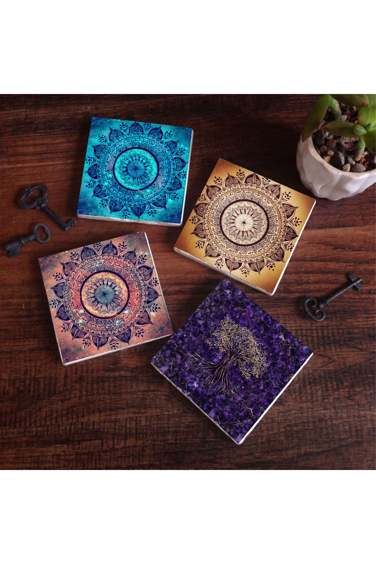 Pinecone Mandala, Hayat Ağacı Taş Bardak Altlığı Seti - 4 Parça - Dekoratif, Rustik Mutfak Aksesuarı, 10x10 cm, Kaydırmaz Tabanlı, Şık ve Dayanıklı SC132