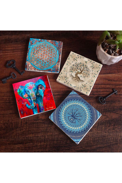Pinecone Fil, Nazar, Yaşam Çiçeği, Hayat Ağacı Taş Bardak Altlığı Seti - 4 Parça - Dekoratif, Rustik Mutfak Aksesuarı, 10x10 cm, Kaydırmaz Tabanlı, Şık ve Dayanıklı SC133
