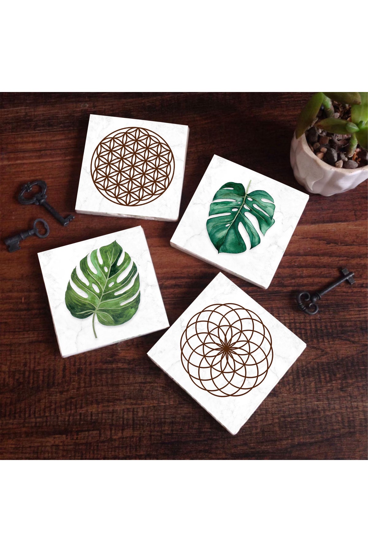 Pinecone Yaprak, Yaşam Çiçeği Taş Bardak Altlığı Seti - 4 Parça - Dekoratif, Rustik Mutfak Aksesuarı, 10x10 cm, Kaydırmaz Tabanlı, Şık ve Dayanıklı SC135