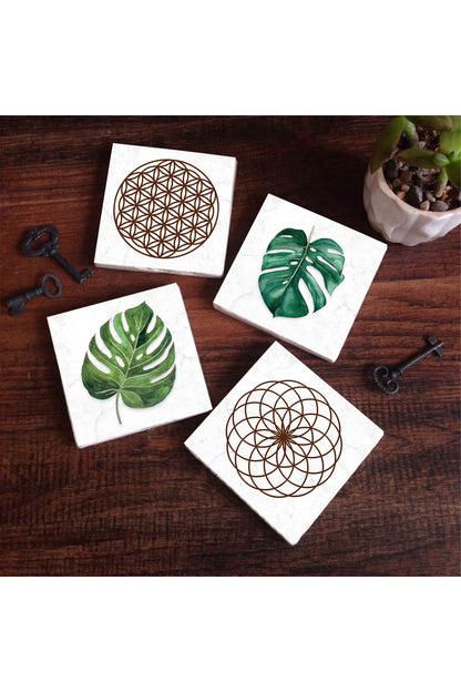 Pinecone Yaprak, Yaşam Çiçeği Taş Bardak Altlığı Seti - 4 Parça - Dekoratif, Rustik Mutfak Aksesuarı, 10x10 cm, Kaydırmaz Tabanlı, Şık ve Dayanıklı SC135
