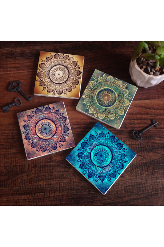 Pinecone Mandala Taş Bardak Altlığı Seti - 4 Parça - Dekoratif, Rustik Mutfak Aksesuarı, 10x10 cm, Kaydırmaz Tabanlı, Şık ve Dayanıklı SC143