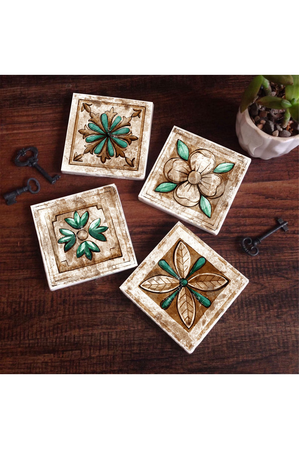Pinecone Fas Desenli Vintage Taş Bardak Altlığı Seti - 4 Parça - Dekoratif, Rustik Mutfak Aksesuarı, 10x10 cm, Kaydırmaz Tabanlı, Şık ve Dayanıklı SC145