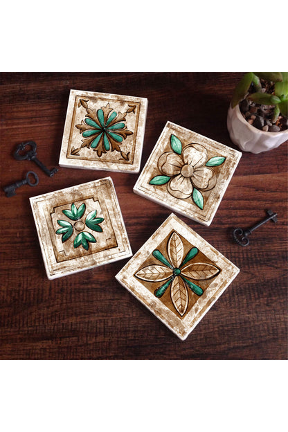Pinecone Fas Desenli Vintage Taş Bardak Altlığı Seti - 4 Parça - Dekoratif, Rustik Mutfak Aksesuarı, 10x10 cm, Kaydırmaz Tabanlı, Şık ve Dayanıklı SC145