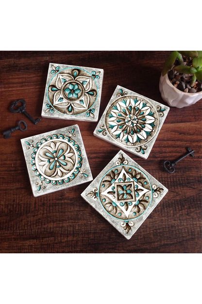 Pinecone Çini Sanatı Taş Bardak Altlığı Seti - 4 Parça - Dekoratif, Rustik Mutfak Aksesuarı, 10x10 cm, Kaydırmaz Tabanlı, Şık ve Dayanıklı SC146