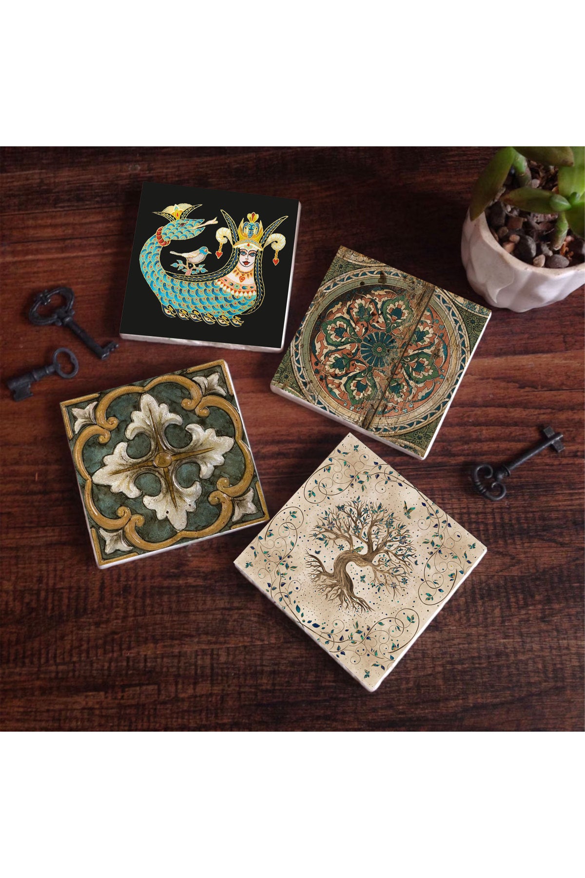 Pinecone Vintage, Desen, Şahmeran, Hayat Ağacı Taş Bardak Altlığı Seti - 4 Parça - Dekoratif, Rustik Mutfak Aksesuarı, 10x10 cm, Kaydırmaz Tabanlı, Şık ve Dayanıklı SC149