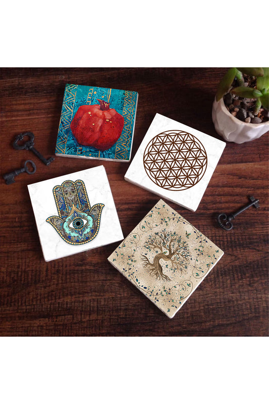 Pinecone Yaşam Çiçeği, Hayat Ağacı, Nar, Fatma Ana Eli (Hamsa) Taş Bardak Altlığı Seti - 4 Parça - Dekoratif, Rustik Mutfak Aksesuarı, 10x10 cm, Kaydırmaz Tabanlı, Şık ve Dayanıklı SC152
