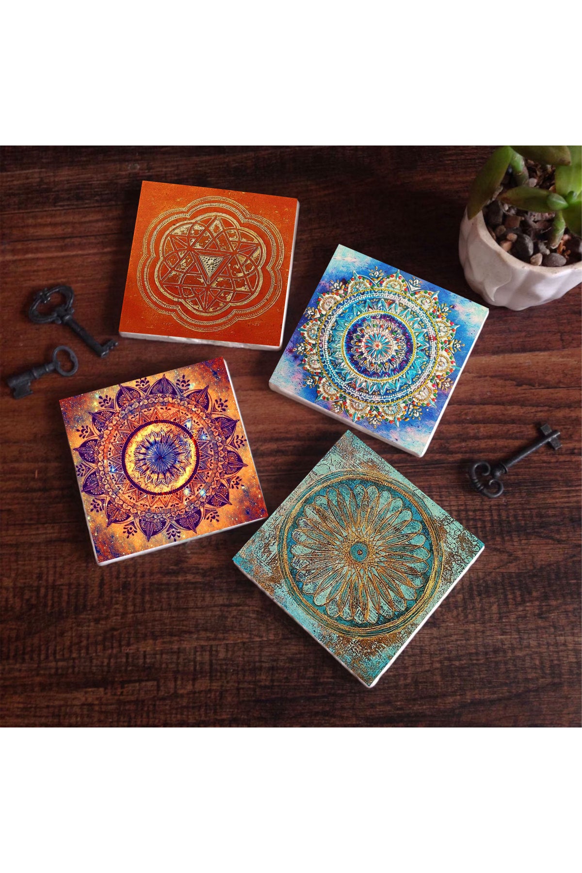 Pinecone Mandala, Yaşam Çiçeği, Sri Yantra Taş Bardak Altlığı Seti - 4 Parça - Dekoratif, Rustik Mutfak Aksesuarı, 10x10 cm, Kaydırmaz Tabanlı, Şık ve Dayanıklı SC163