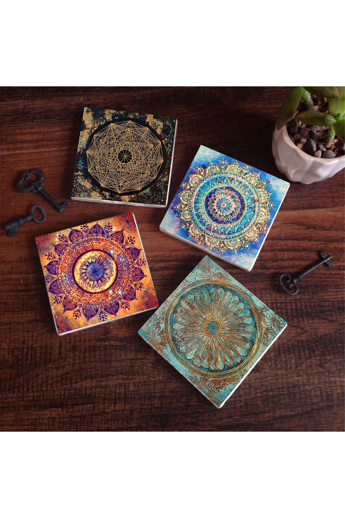 Pinecone Mandala, Sri Yantra, Yaşam Çiçeği Taş Bardak Altlığı Seti - 4 Parça - Dekoratif, Rustik Mutfak Aksesuarı, 10x10 cm, Kaydırmaz Tabanlı, Şık ve Dayanıklı SC164
