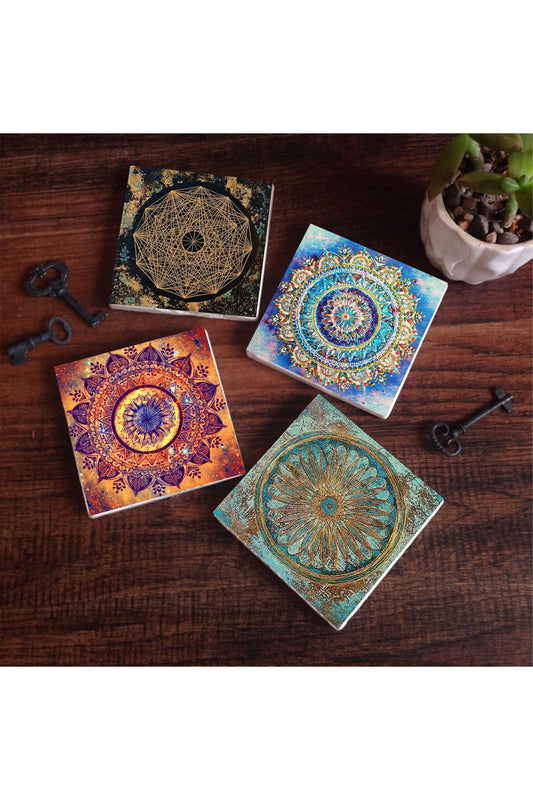Pinecone Mandala, Sri Yantra, Yaşam Çiçeği Taş Bardak Altlığı Seti - 4 Parça - Dekoratif, Rustik Mutfak Aksesuarı, 10x10 cm, Kaydırmaz Tabanlı, Şık ve Dayanıklı SC164