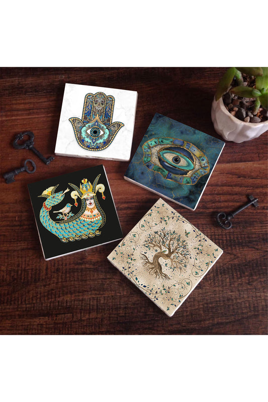 Pinecone Nazar, Şahmeran, Hayat Ağacı, Fatma Ana Eli (Hamsa) Taş Bardak Altlığı Seti - 4 Parça - Dekoratif, Rustik Mutfak Aksesuarı, 10x10 cm, Kaydırmaz Tabanlı, Şık ve Dayanıklı SC165