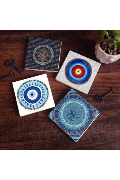 Pinecone Nazar Taş Bardak Altlığı Seti - 4 Parça - Dekoratif, Rustik Mutfak Aksesuarı, 10x10 cm, Kaydırmaz Tabanlı, Şık ve Dayanıklı SC166