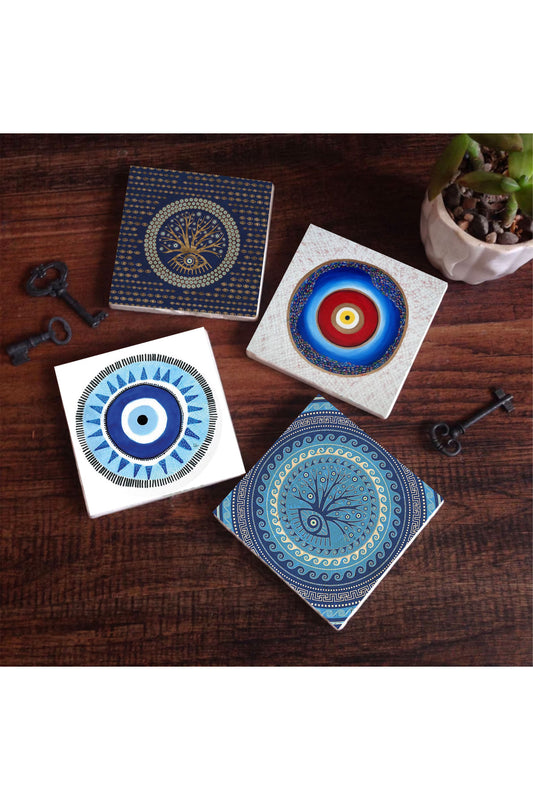 Pinecone Nazar Taş Bardak Altlığı Seti - 4 Parça - Dekoratif, Rustik Mutfak Aksesuarı, 10x10 cm, Kaydırmaz Tabanlı, Şık ve Dayanıklı SC166