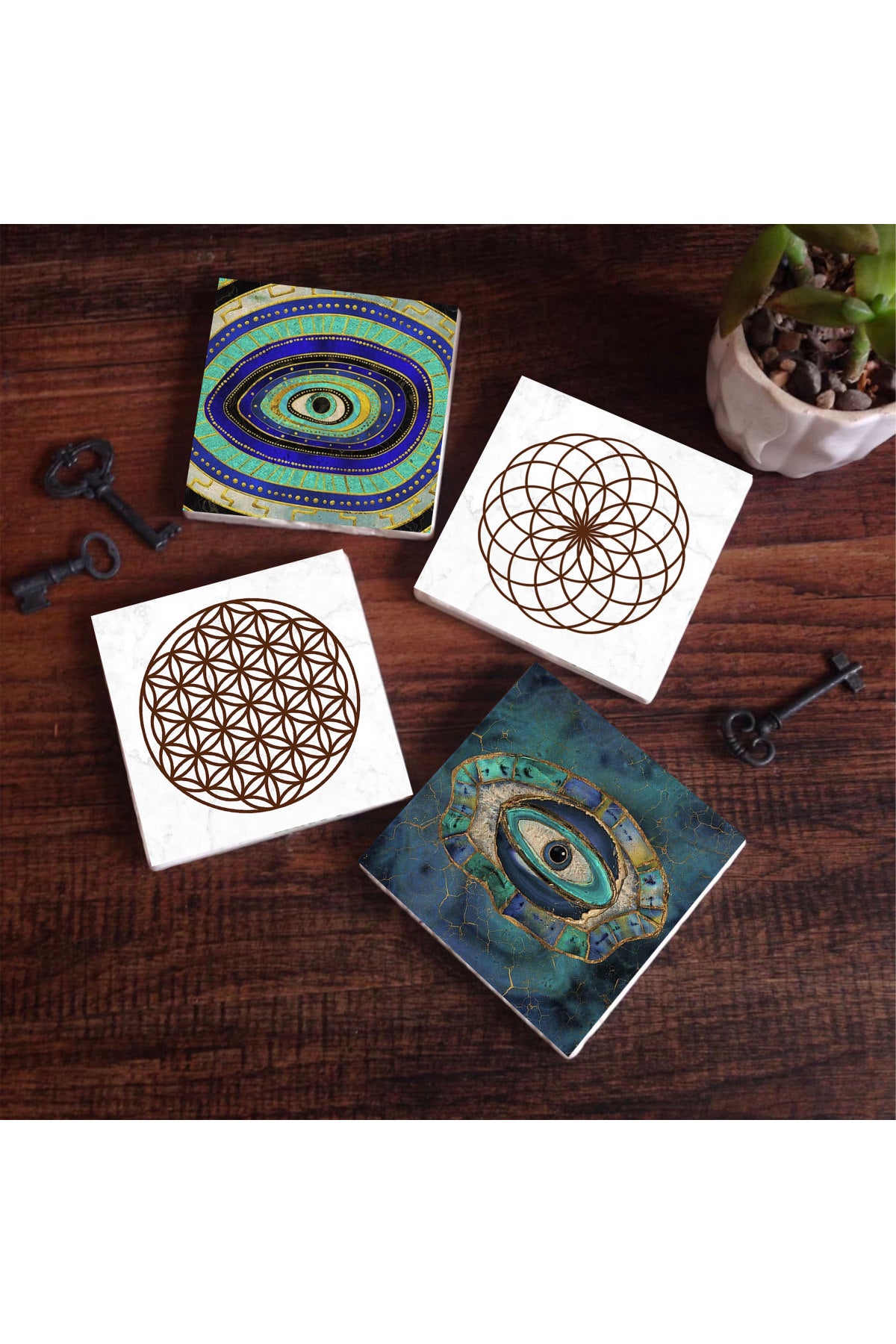 Pinecone Nazar, Yaşam Çiçeği Taş Bardak Altlığı Seti - 4 Parça - Dekoratif, Rustik Mutfak Aksesuarı, 10x10 cm, Kaydırmaz Tabanlı, Şık ve Dayanıklı SC168