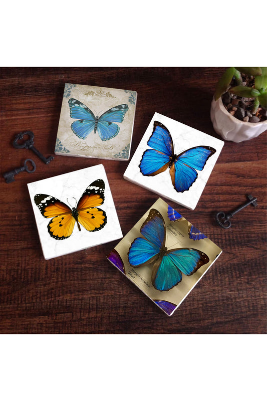 Pinecone Kelebek Taş Bardak Altlığı Seti - 4 Parça - Dekoratif, Rustik Mutfak Aksesuarı, 10x10 cm, Kaydırmaz Tabanlı, Şık ve Dayanıklı SC169