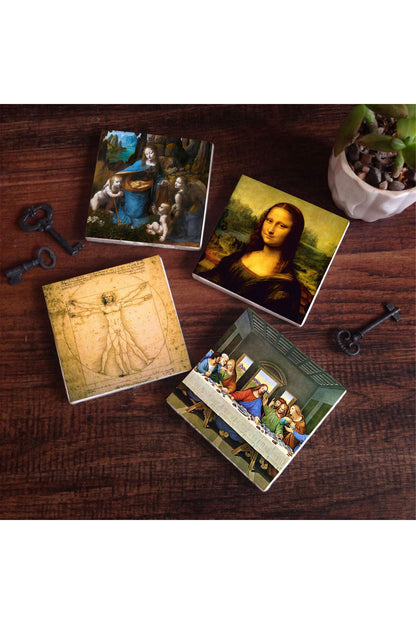 Pinecone Da Vinci Son Akşam Yemeği, Kayalıklar Bakiresi, Mona Lisa, Vitruvius Adamı Taş Bardak Altlığı Seti - 4 Parça - Dekoratif, Rustik Mutfak Aksesuarı, 10x10 cm, Kaydırmaz TabanlıSC171