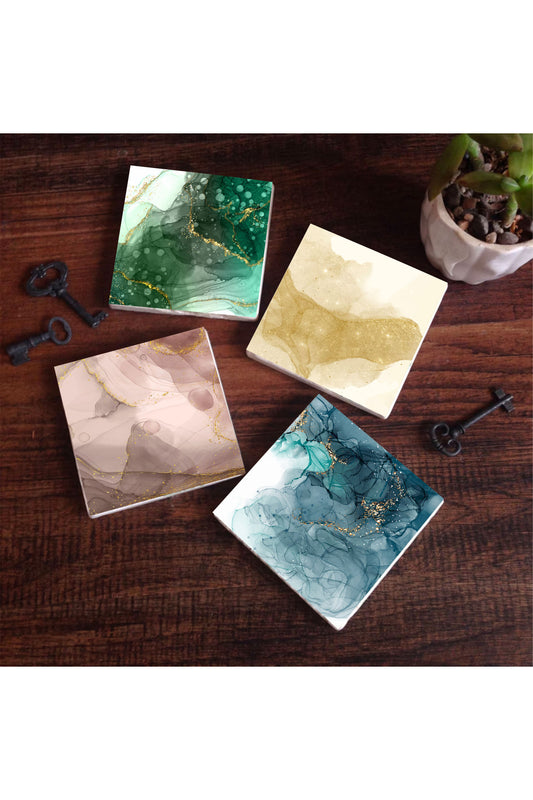Pinecone Soyut Sanat Taş Bardak Altlığı Seti - 4 Parça - Dekoratif, Rustik Mutfak Aksesuarı, 10x10 cm, Kaydırmaz Tabanlı, Şık ve Dayanıklı SC173