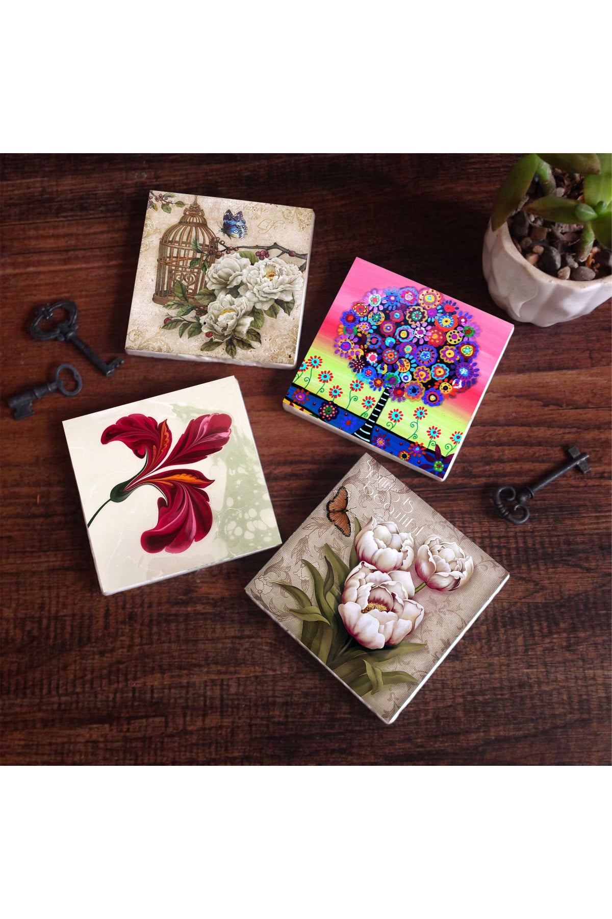 Pinecone Ebru Sanatı Lale, Kelebekli Çiçek, Karla Gerard Hayat Ağacı Taş Bardak Altlığı Seti - 4 Parça - Dekoratif, Rustik Mutfak Aksesuarı, 10x10 cm, Kaydırmaz Tabanlı, Şık ve Dayanıklı SC180