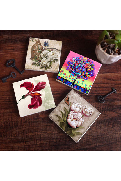 Pinecone Ebru Sanatı Lale, Kelebekli Çiçek, Karla Gerard Hayat Ağacı Taş Bardak Altlığı Seti - 4 Parça - Dekoratif, Rustik Mutfak Aksesuarı, 10x10 cm, Kaydırmaz Tabanlı, Şık ve Dayanıklı SC180