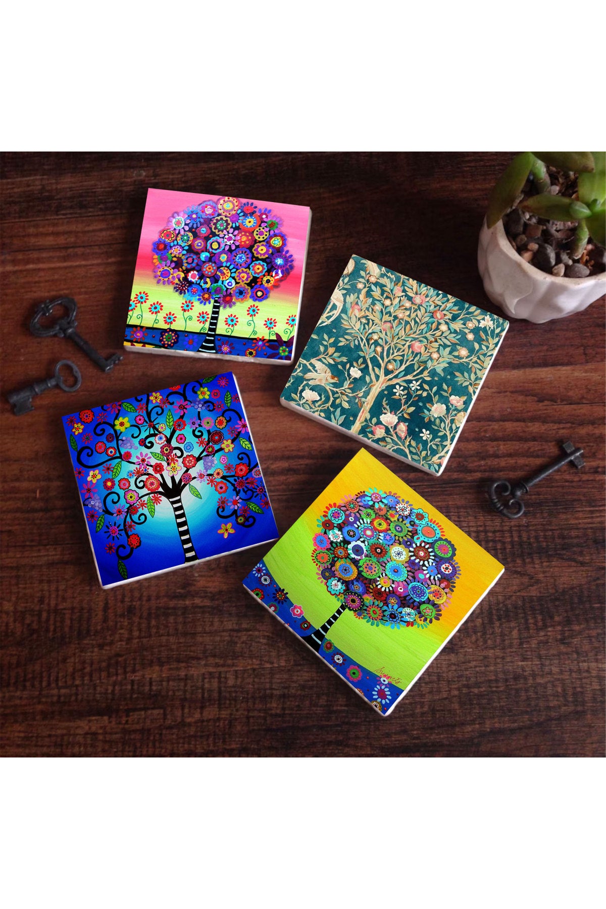 Pinecone Hayat Ağacı Taş Bardak Altlığı Seti - 4 Parça - Dekoratif, Rustik Mutfak Aksesuarı, 10x10 cm, Kaydırmaz Tabanlı, Şık ve Dayanıklı SC188