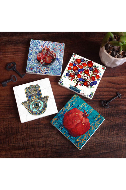 Pinecone Nar Ağacı, Nar, Fatma Ana Eli (Hamsa) Taş Bardak Altlığı Seti - 4 Parça - Dekoratif, Rustik Mutfak Aksesuarı, 10x10 cm, Kaydırmaz Tabanlı, Şık ve Dayanıklı SC191