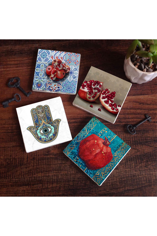 Pinecone Nar, Fatma Ana Eli (Hamsa) Taş Bardak Altlığı Seti - 4 Parça - Dekoratif, Rustik Mutfak Aksesuarı, 10x10 cm, Kaydırmaz Tabanlı, Şık ve Dayanıklı SC192