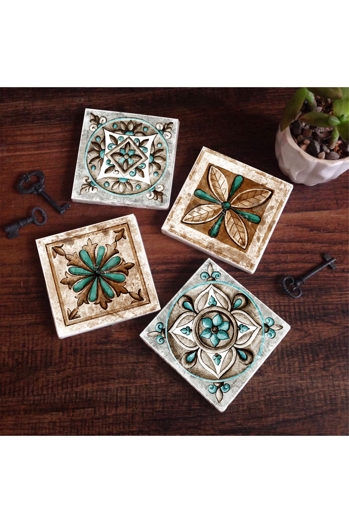 Pinecone Fas Desenli Vintage, Çini Sanatı Taş Bardak Altlığı Seti - 4 Parça - Dekoratif, Rustik Mutfak Aksesuarı, 10x10 cm, Kaydırmaz Tabanlı, Şık ve Dayanıklı SC193
