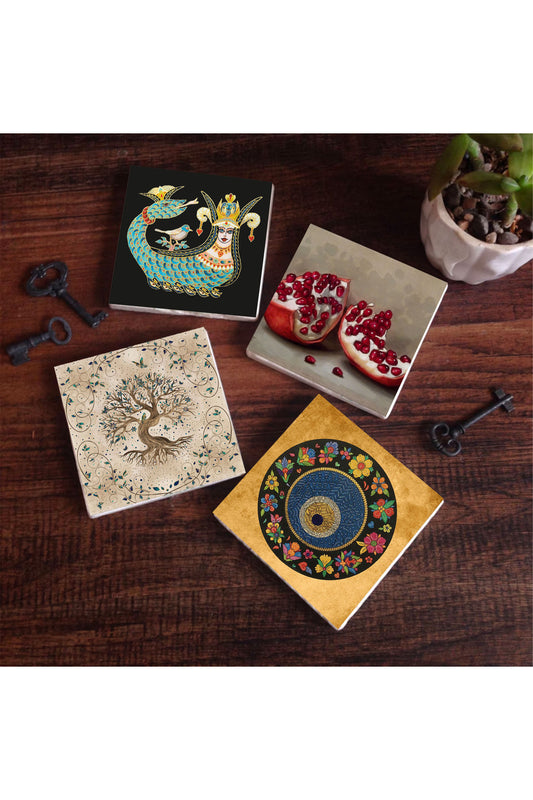 Pinecone Nazar Boncuğu, Şahmeran, Hayat Ağacı, Nar Taş Bardak Altlığı Seti - 4 Parça - Dekoratif, Rustik Mutfak Aksesuarı, 10x10 cm, Kaydırmaz Tabanlı, Şık ve Dayanıklı SC195