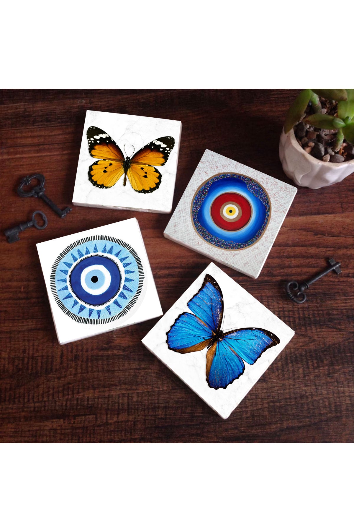 Pinecone Nazar, Kelebek Taş Bardak Altlığı Seti - 4 Parça - Dekoratif, Rustik Mutfak Aksesuarı, 10x10 cm, Kaydırmaz Tabanlı, Şık ve Dayanıklı SC199