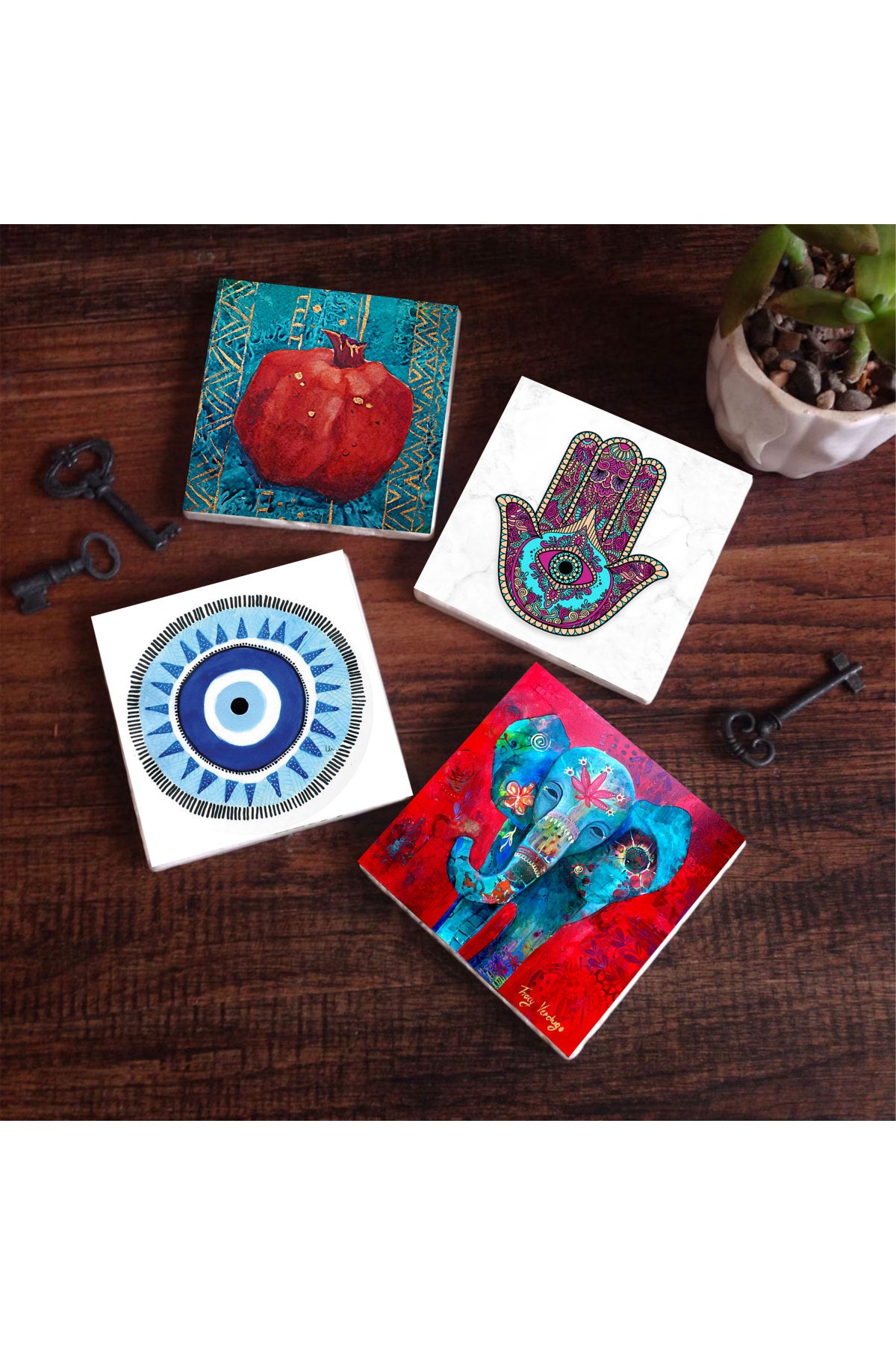 Pinecone Nazar, Fil, Fatma Ana Eli (Hamsa), Nar Taş Bardak Altlığı Seti - 4 Parça - Dekoratif, Rustik Mutfak Aksesuarı, 10x10 cm, Kaydırmaz Tabanlı, Şık ve Dayanıklı SC206