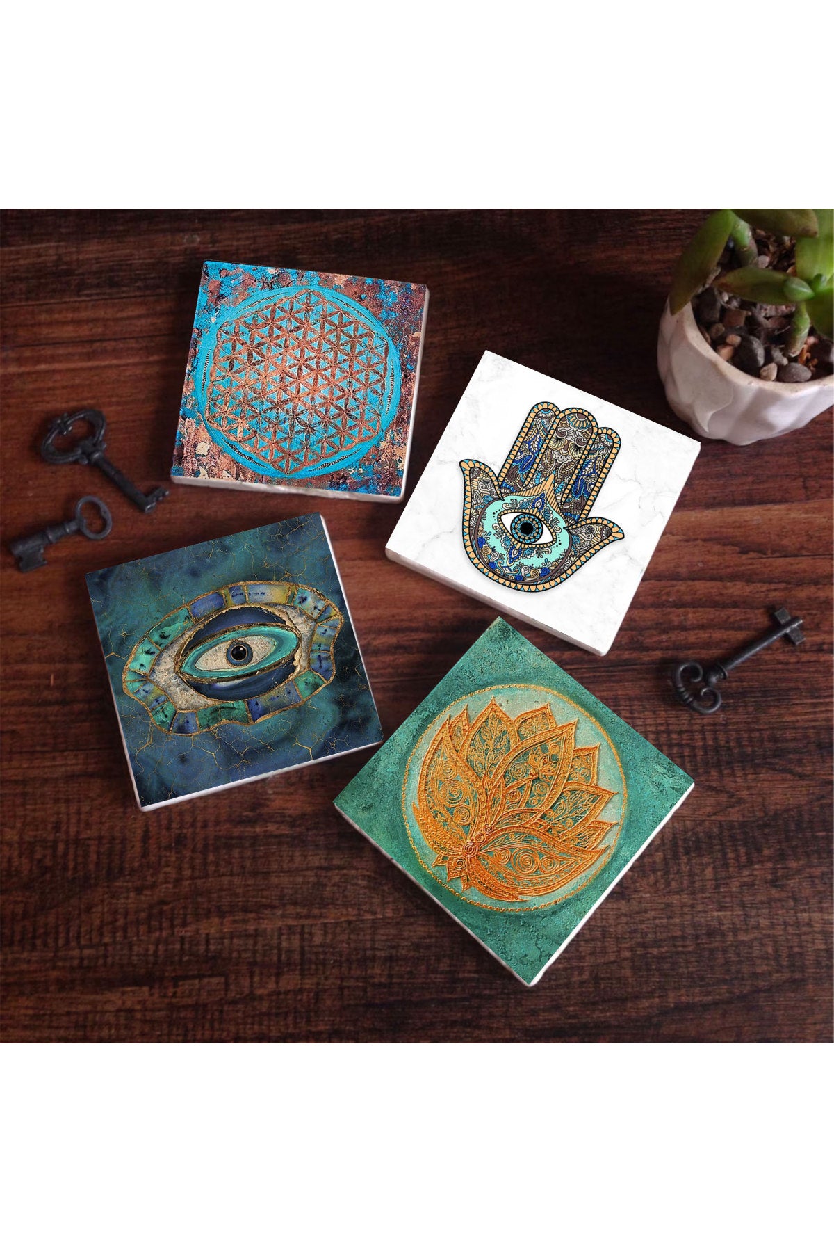 Pinecone Nazar, Yaşam Çiçeği, Lotus Çiçeği, Fatma Ana Eli (Hamsa) Taş Bardak Altlığı Seti - 4 Parça - Dekoratif, Rustik Mutfak Aksesuarı, 10x10 cm, Kaydırmaz Tabanlı, Şık ve Dayanıklı SC211