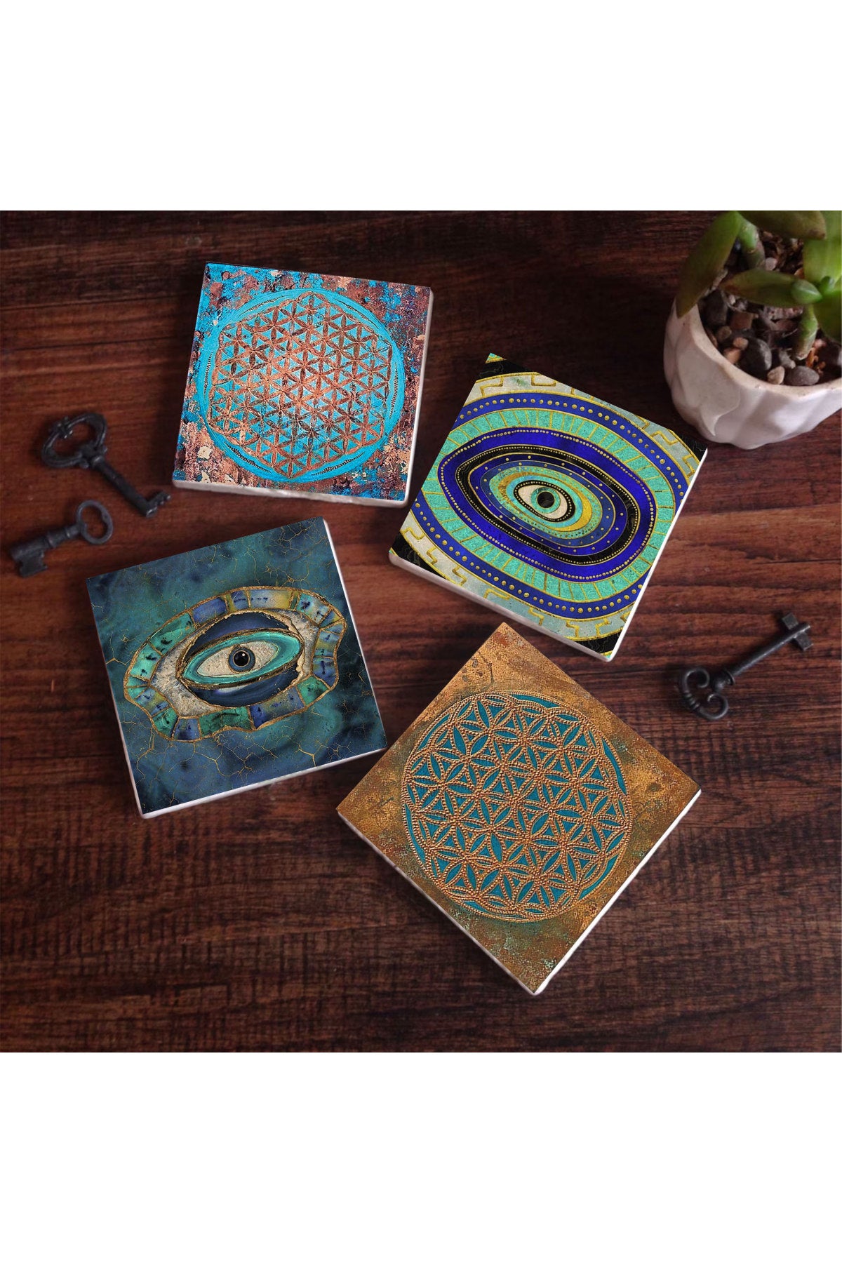 Pinecone Nazar, Yaşam Çiçeği Taş Bardak Altlığı Seti - 4 Parça - Dekoratif, Rustik Mutfak Aksesuarı, 10x10 cm, Kaydırmaz Tabanlı, Şık ve Dayanıklı SC216