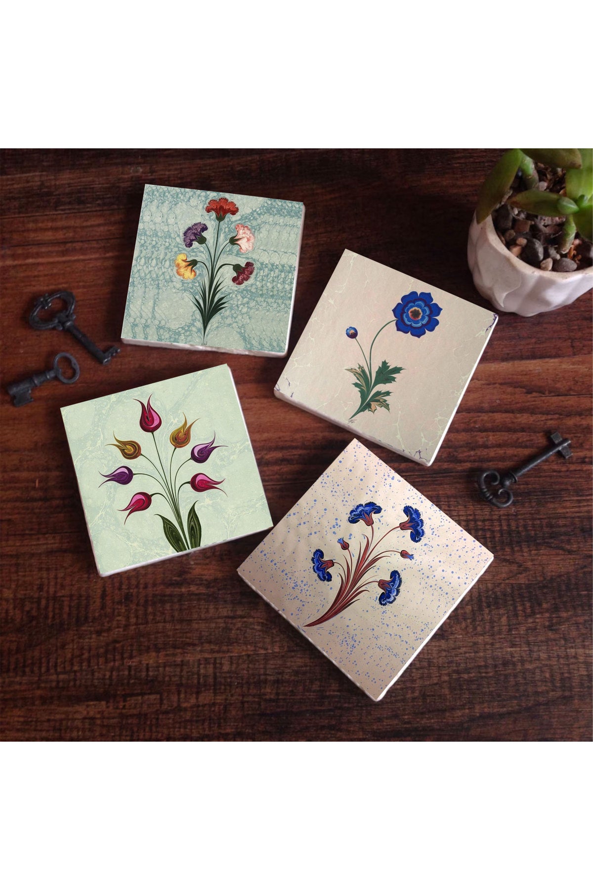 Pinecone Ebru Sanatı, Lale Taş Bardak Altlığı Seti - 4 Parça - Dekoratif, Rustik Mutfak Aksesuarı, 10x10 cm, Kaydırmaz Tabanlı, Şık ve Dayanıklı SC218