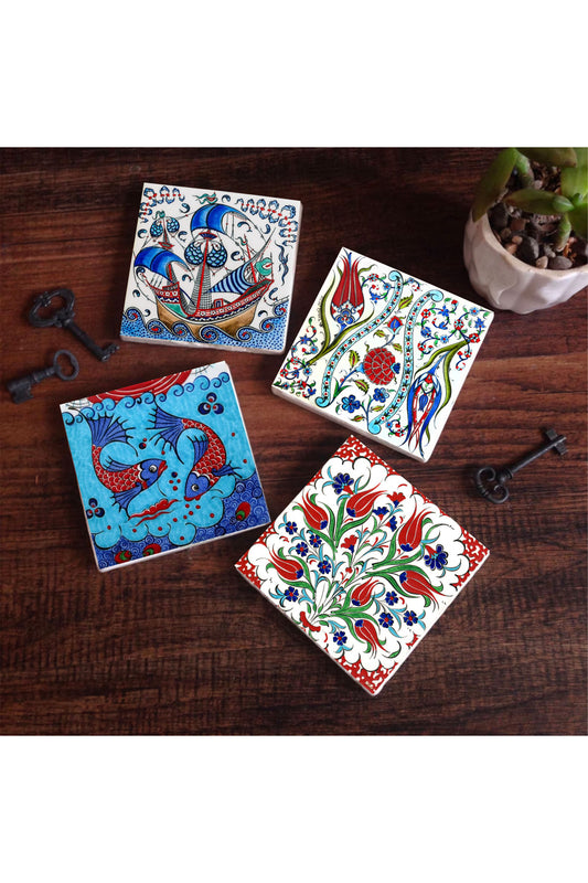 Pinecone Çini Sanatı Lale, Balık, Yelkenli Gemi Taş Bardak Altlığı Seti - 4 Parça - Dekoratif, Rustik Mutfak Aksesuarı, 10x10 cm, Kaydırmaz Tabanlı, Şık ve Dayanıklı SC221