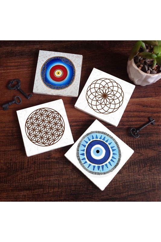 Pinecone Nazar, Yaşam Çiçeği Taş Bardak Altlığı Seti - 4 Parça - Dekoratif, Rustik Mutfak Aksesuarı, 10x10 cm, Kaydırmaz Tabanlı, Şık ve Dayanıklı SC224
