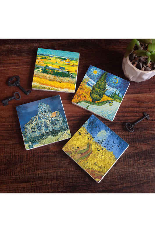 Pinecone Van Gogh Hasat Manzarası, Yıldızlı Yol, Buğday Tarlası ve Kargalar, Kilise Taş Bardak Altlığı Seti - 4 Parça - Dekoratif, Rustik Mutfak Aksesuarı, 10x10 cm, Kaydırmaz TabanlıSC225